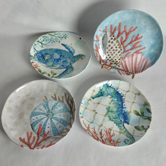 Cynthia Rowley Other - Cynthia Rowley Melamine Salad Plates Sea Turtle Seahorse Coral Beach Theme Set